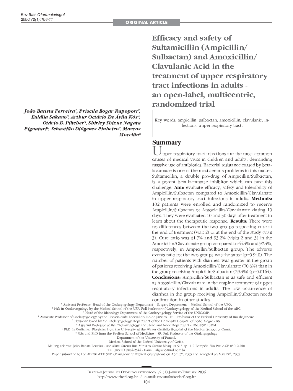 Efficacy and safety of Sultamicillin (Ampicillin/Sulbactan) and Amoxicillin/Clavulanic Acid in the treatment of upper respiratory tract infections in adults - an open-label, multicentric, randomized trial 