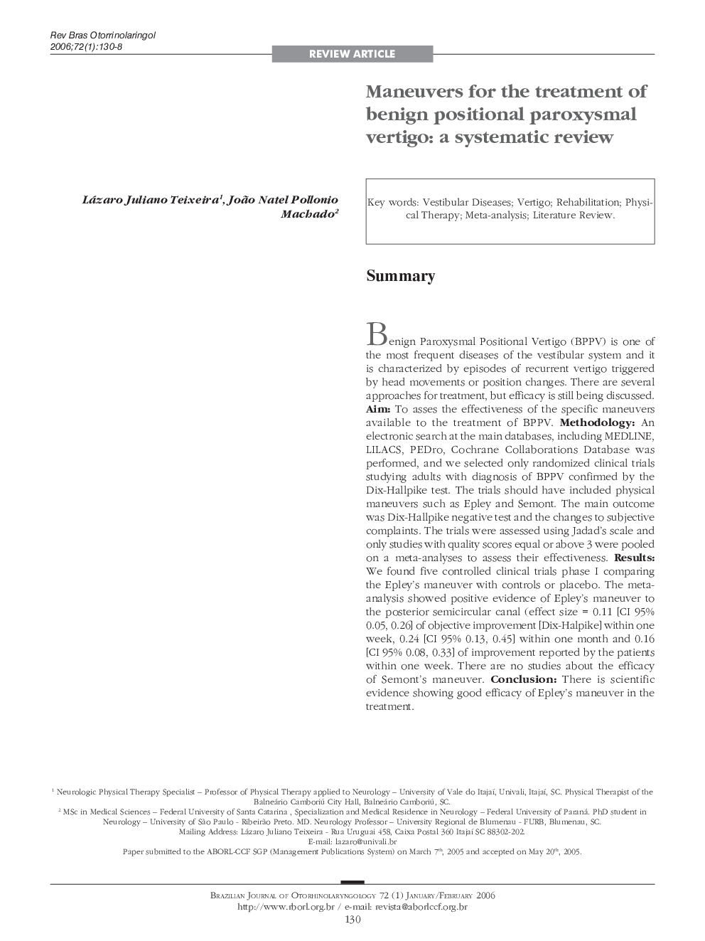 Maneuvers for the treatment of benign positional paroxysmal vertigo: a systematic review 