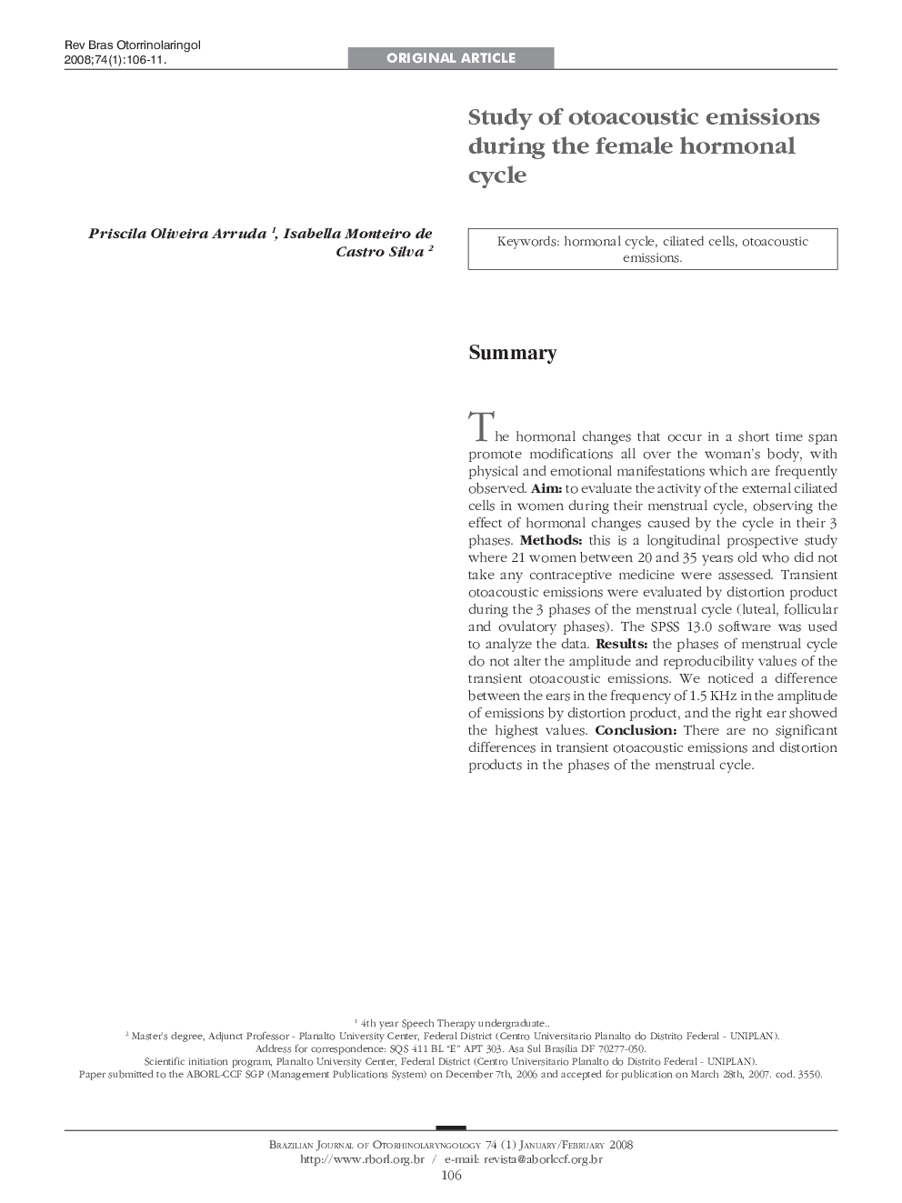 Study of otoacoustic emissions during the female hormonal cycle