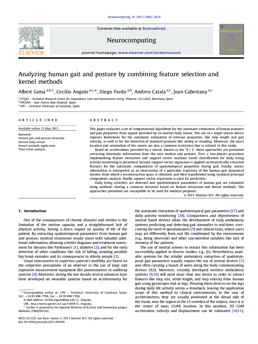 عکس صفحه اول مقاله: Analyzing human gait and posture by combining feature selection and kernel methods Analyzing human gait and posture by combining feature selection and kernel methods