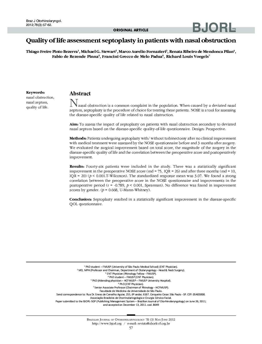 Quality of life assessment septoplasty in patients with nasal obstruction 