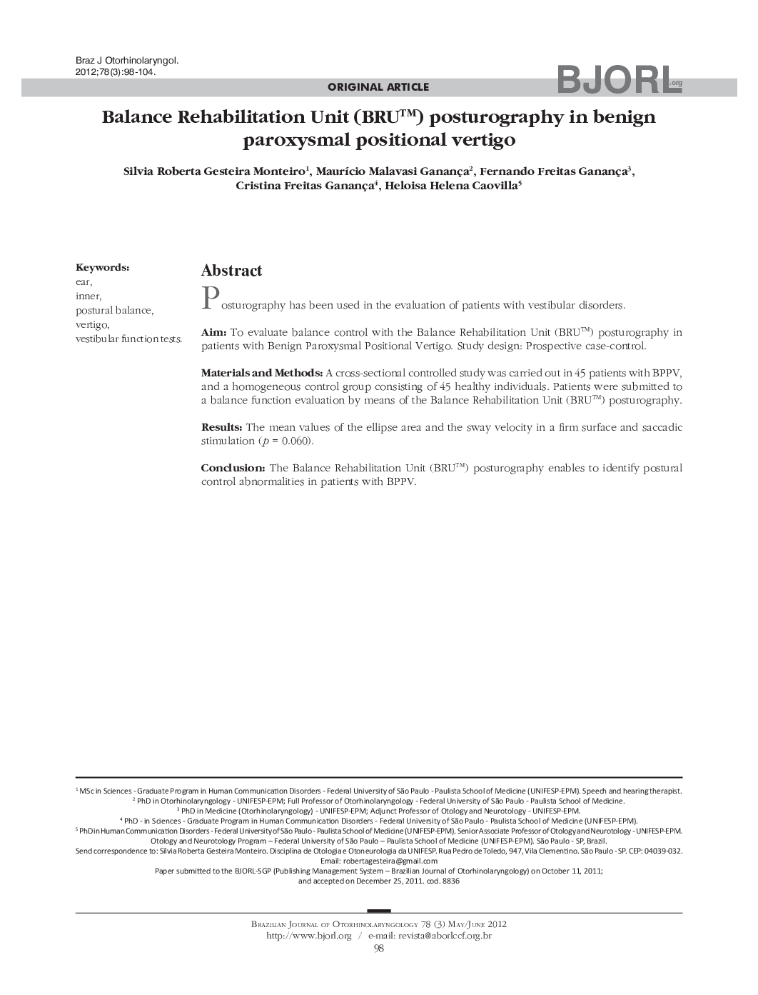 Balance Rehabilitation Unit (BRU™) posturography in benign paroxysmal positional vertigo 