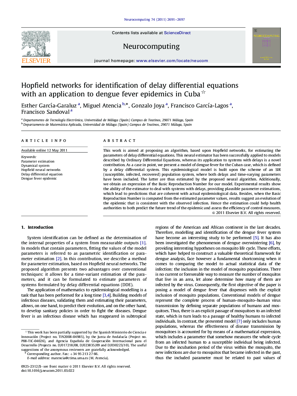 Hopfield networks for identification of delay differential equations with an application to dengue fever epidemics in Cuba 