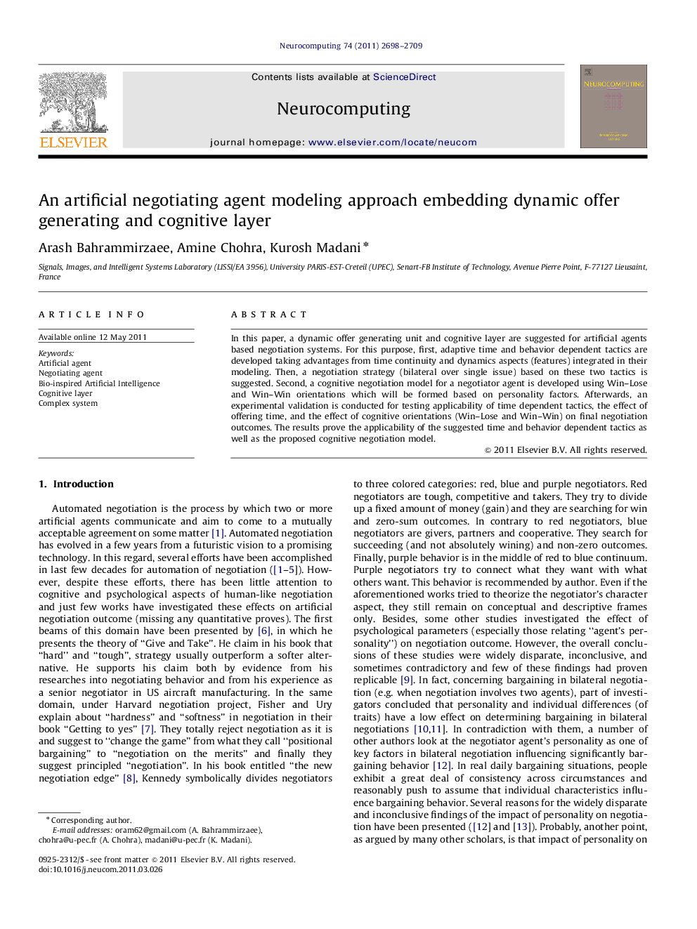 An artificial negotiating agent modeling approach embedding dynamic offer generating and cognitive layer