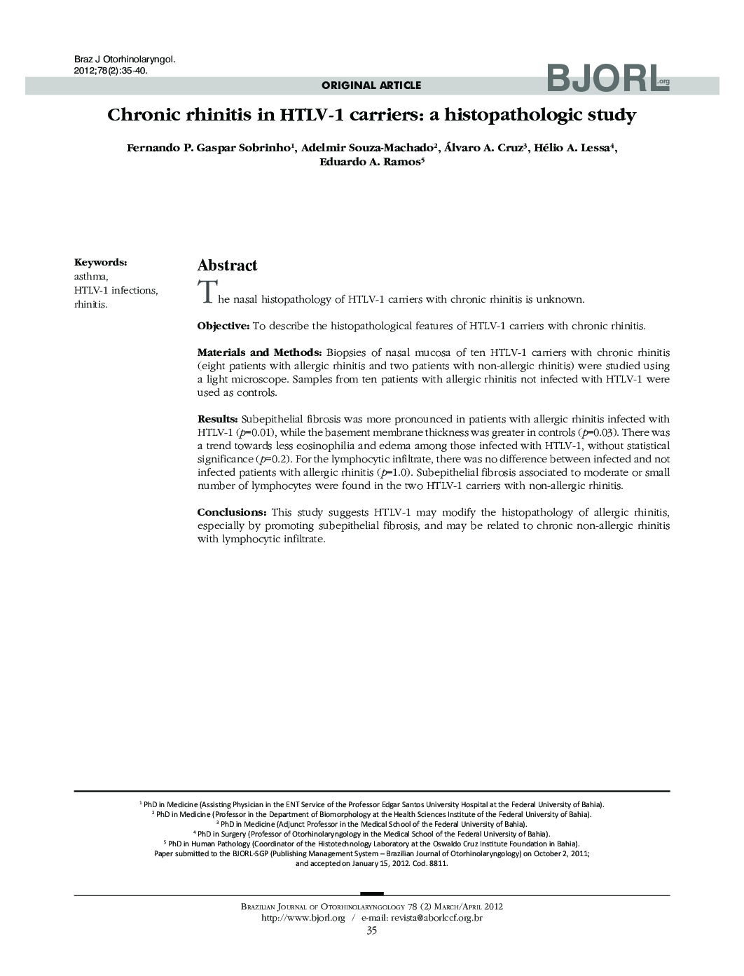 Chronic rhinitis in HTLV-1 carriers: a histopathologic study 