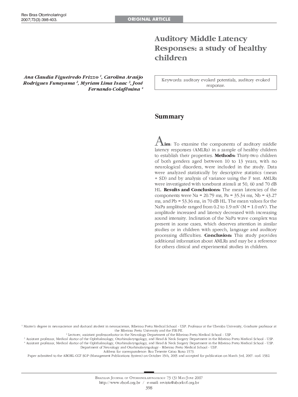 Auditory Middle Latency Responses: a study of healthy children 