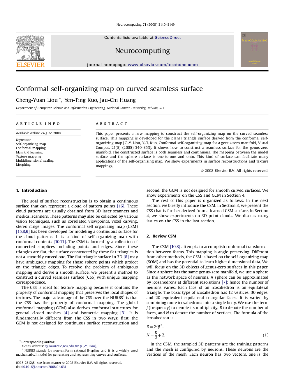 Conformal self-organizing map on curved seamless surface