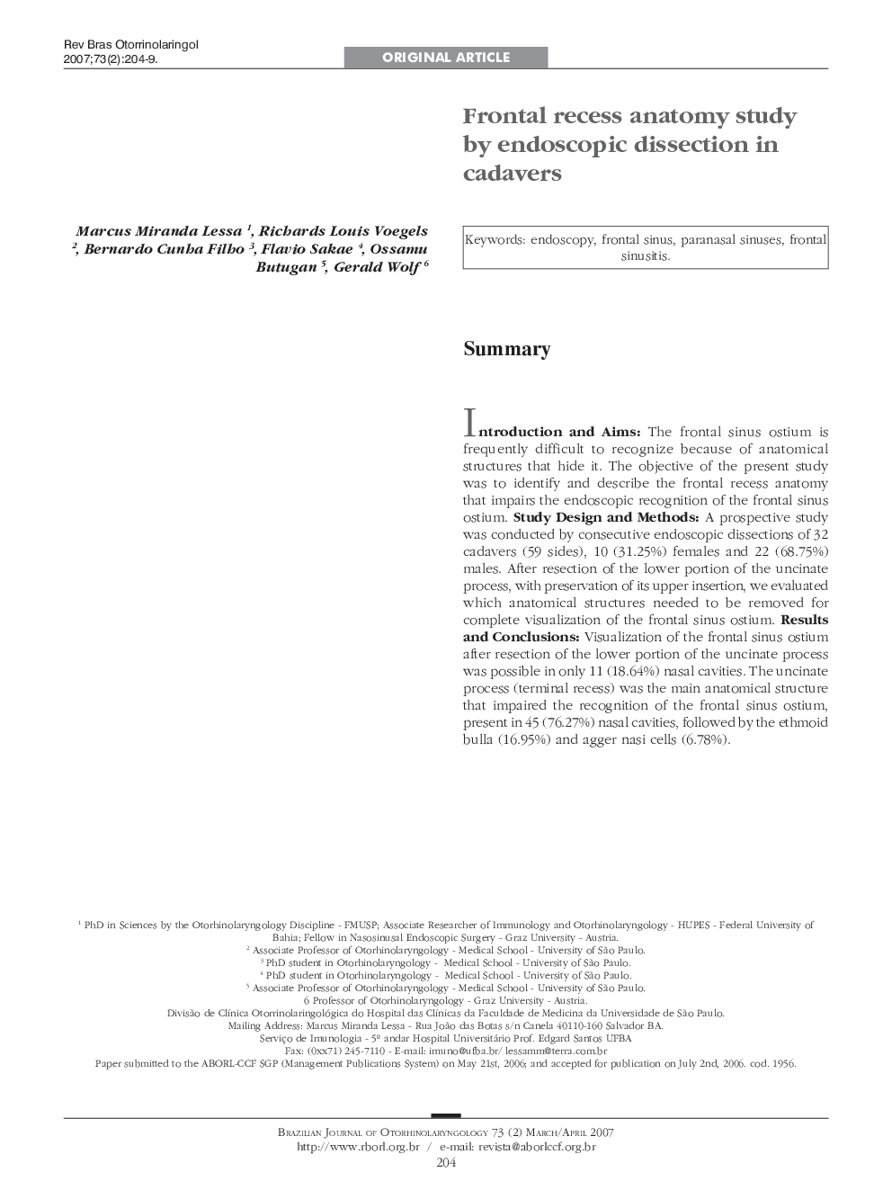 Frontal recess anatomy study by endoscopic dissection in cadavers