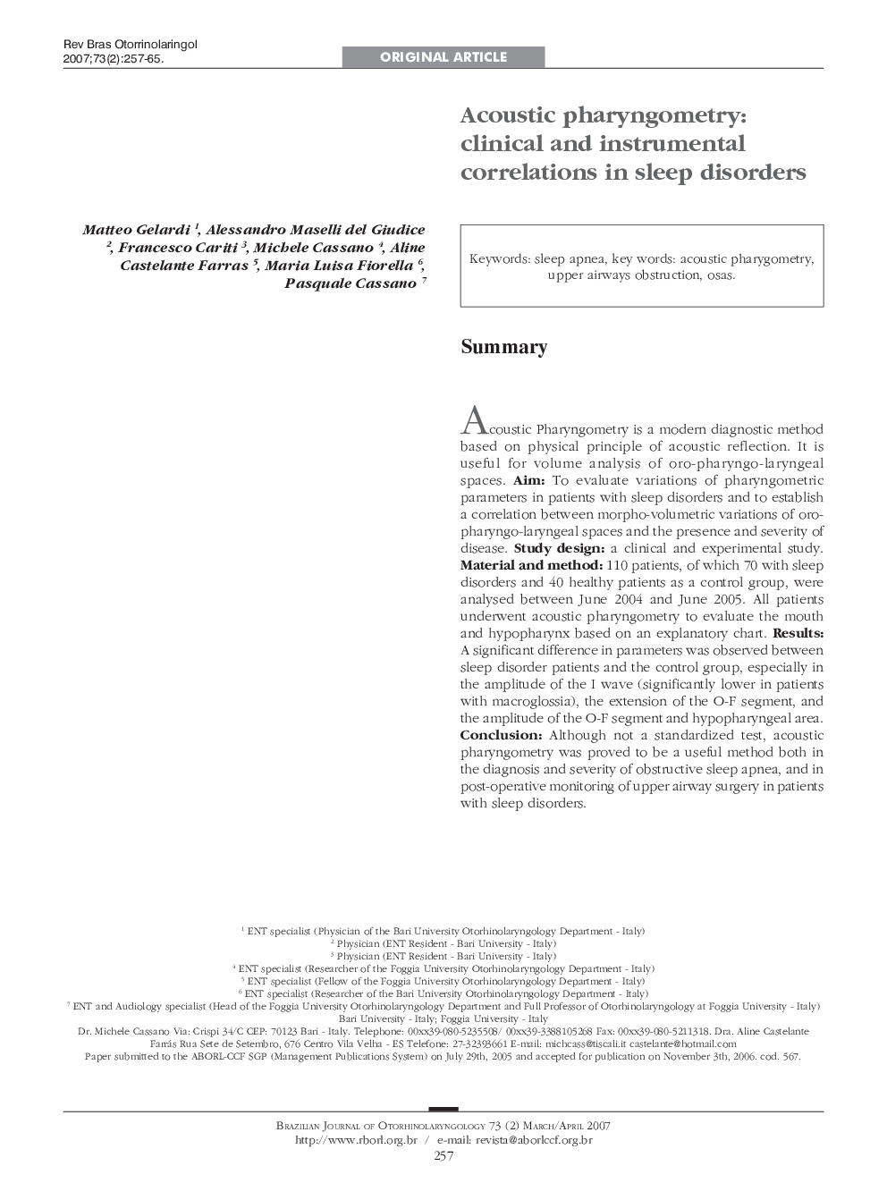 Acoustic pharyngometry: clinical and instrumental correlations in sleep disorders