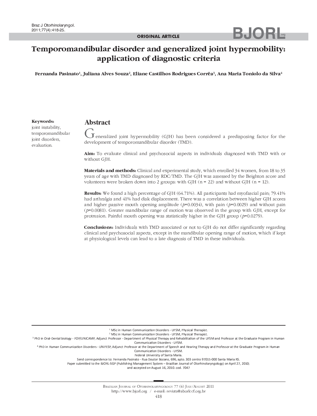 Temporomandibular disorder and generalized joint hypermobility: application of diagnostic criteria 