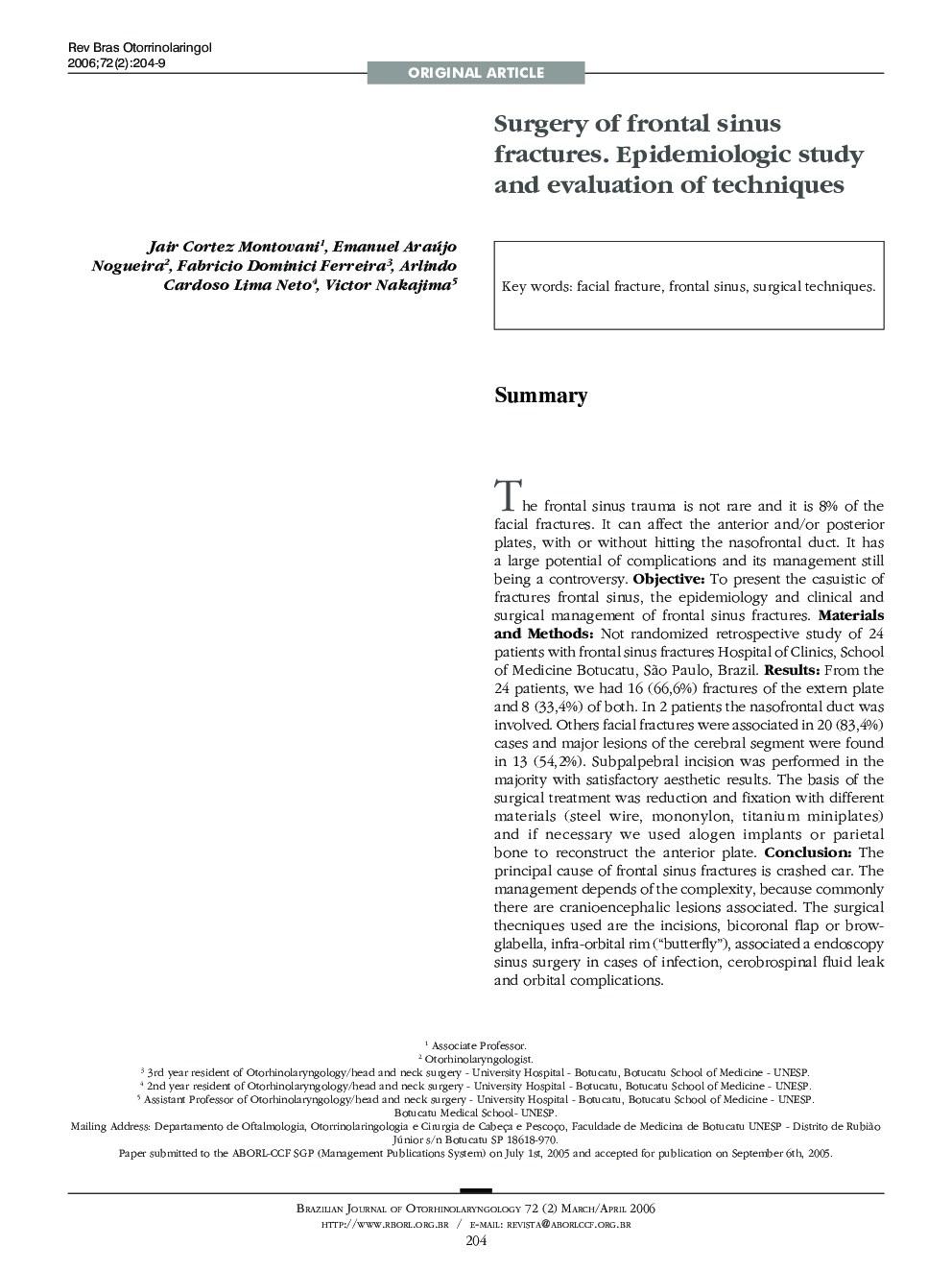 Surgery of frontal sinus fractures. Epidemiologic study and evaluation of techniques 