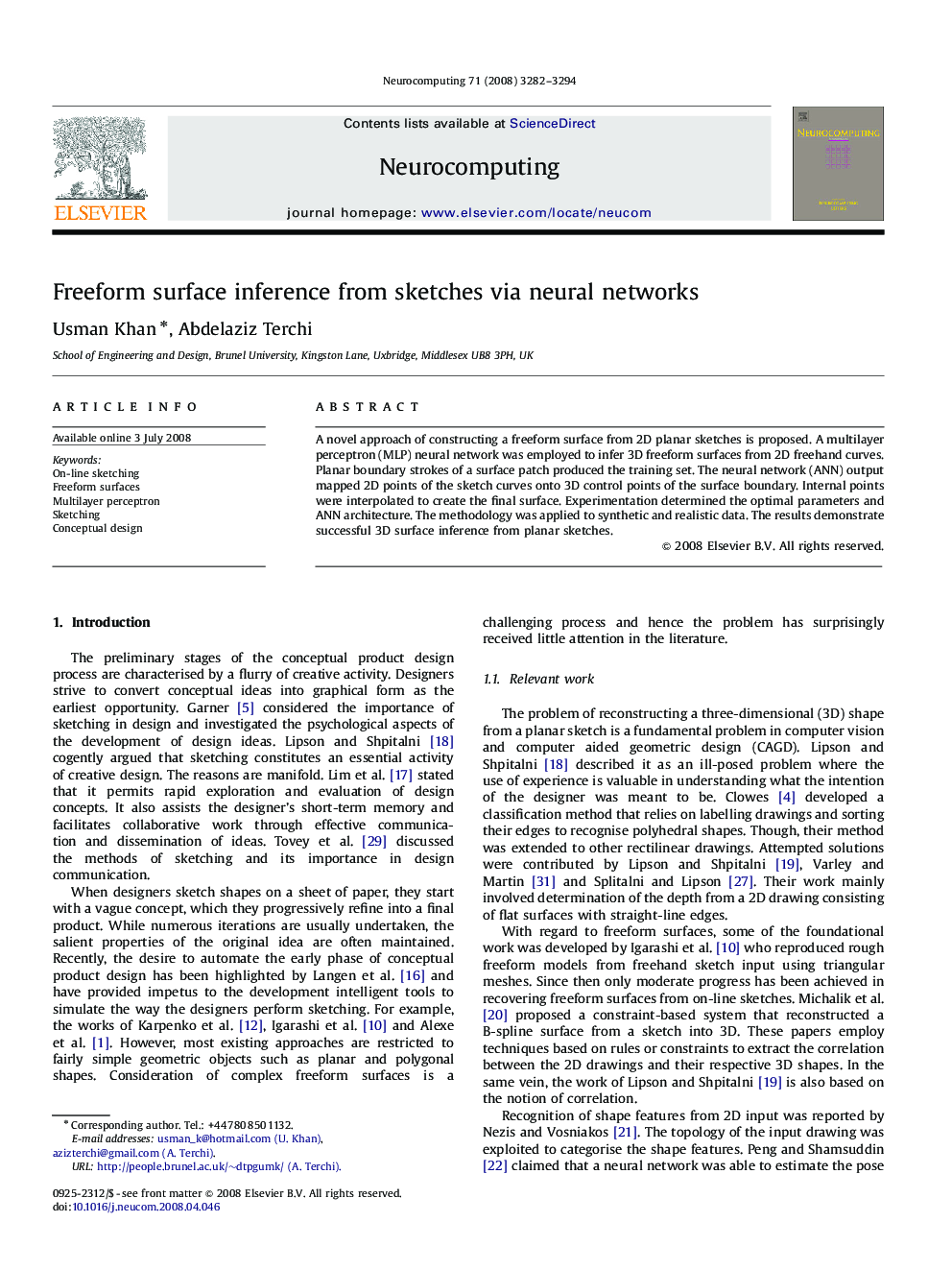 Freeform surface inference from sketches via neural networks