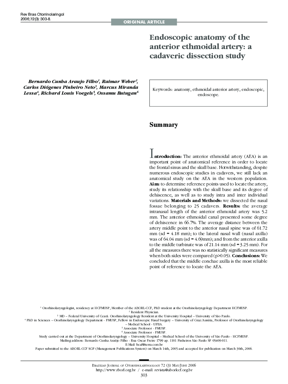 عکس صفحه اول مقاله: Endoscopic anatomy of the anterior ethmoidal artery: a cadaveric dissection study Endoscopic anatomy of the anterior ethmoidal artery: a cadaveric dissection study