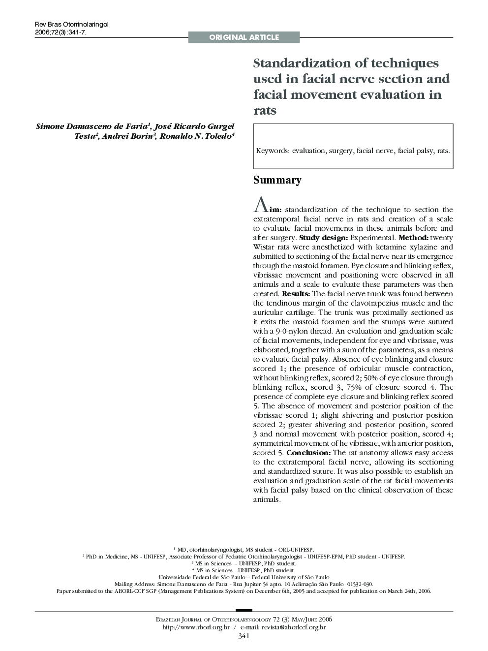 عکس صفحه اول مقاله: Standardization of techniques used in facial nerve section and facial movement evaluation in rats Standardization of techniques used in facial nerve section and facial movement evaluation in rats
