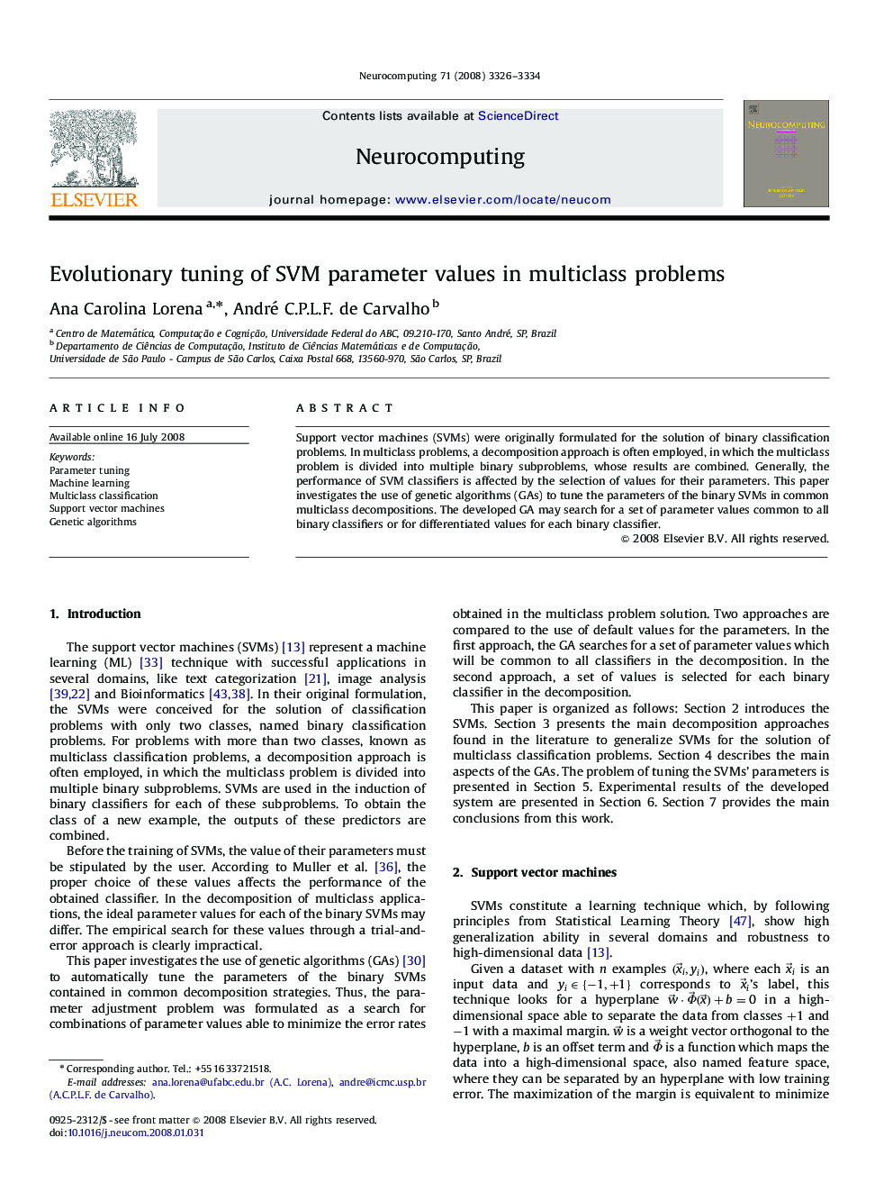 Evolutionary tuning of SVM parameter values in multiclass problems