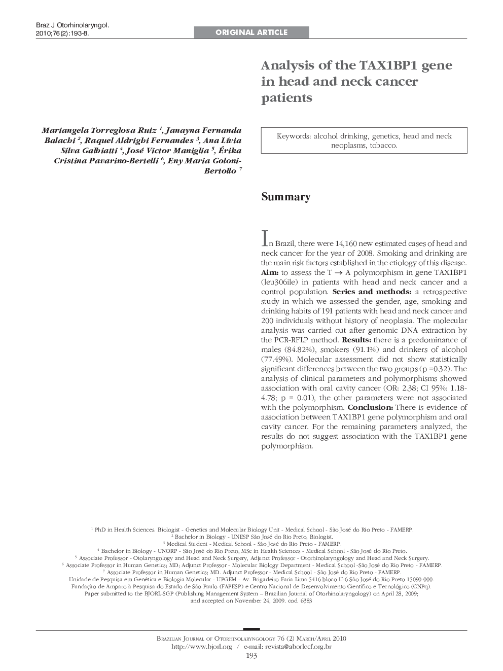 Analysis of the TAX1BP1 gene in head and neck cancer patients 