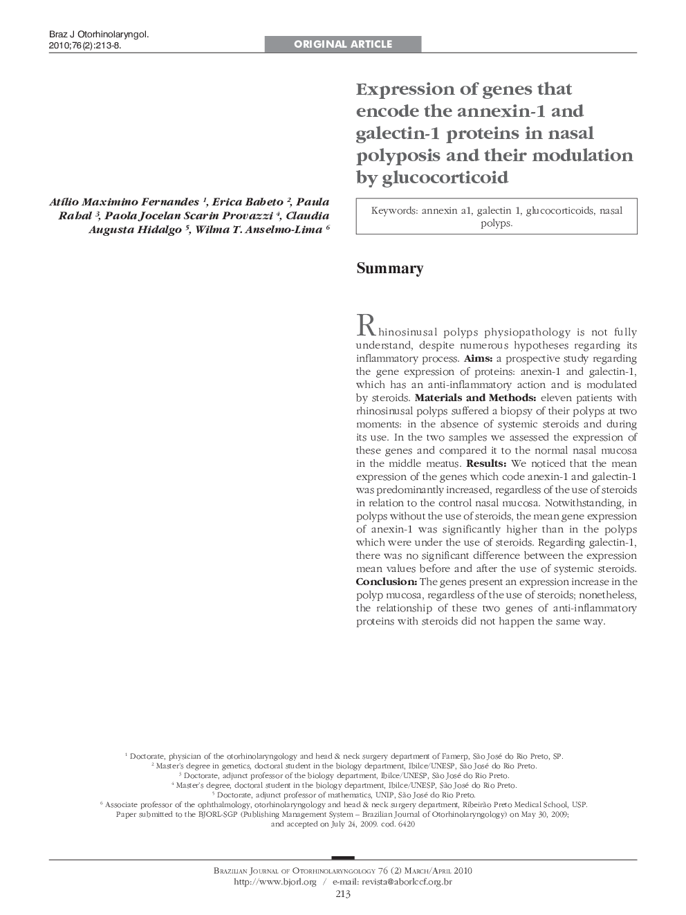 Expression of genes that encode the annexin-1 and galectin-1 proteins in nasal polyposis and their modulation by glucocorticoid