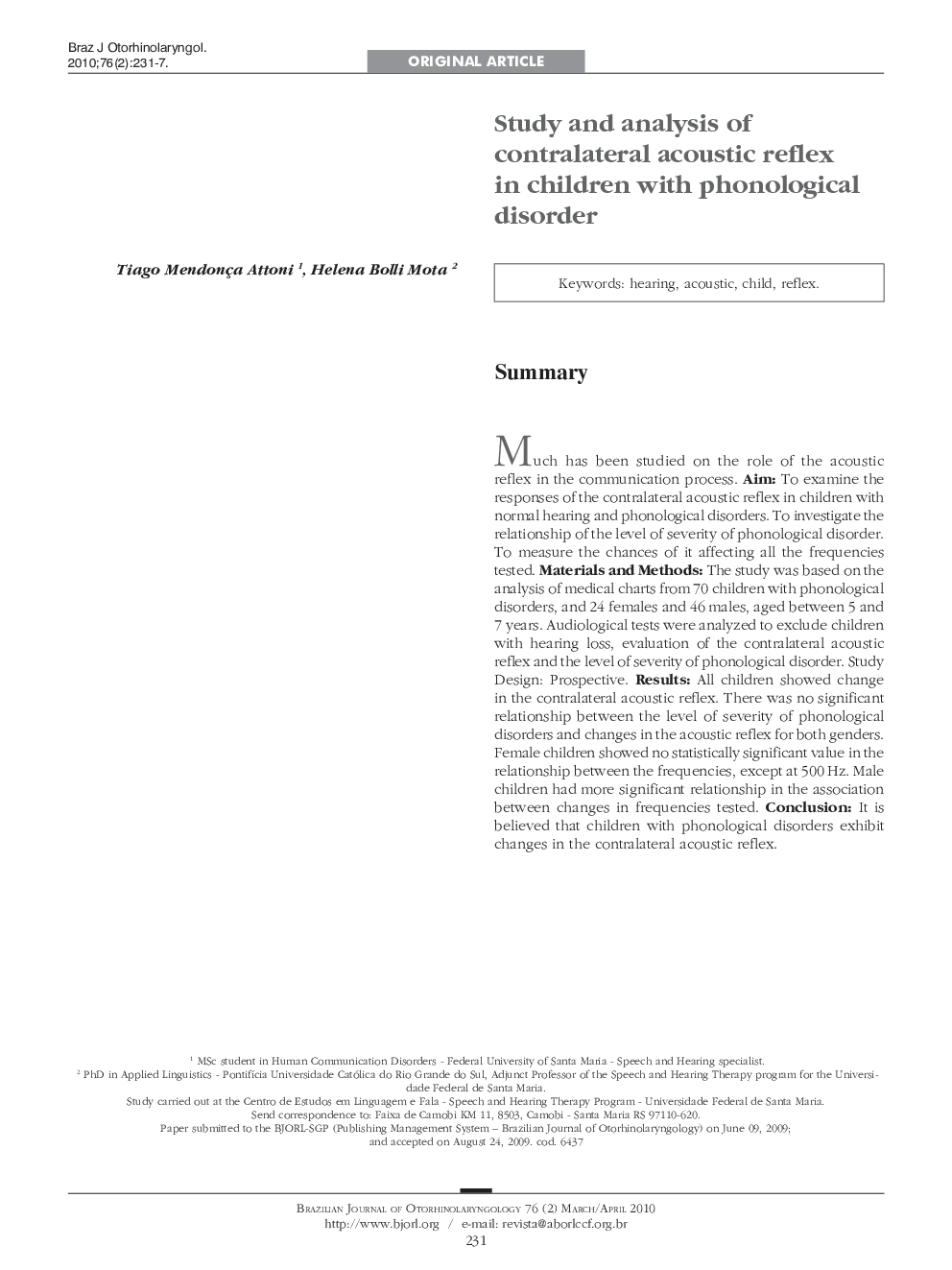 Study and analysis of contralateral acoustic reflex in children with phonological disorder