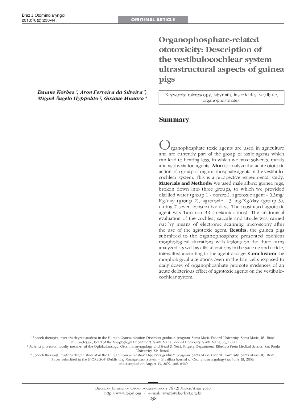 Organophosphate-related ototoxicity: Description of the vestibulocochlear system ultrastructural aspects of guinea pigs