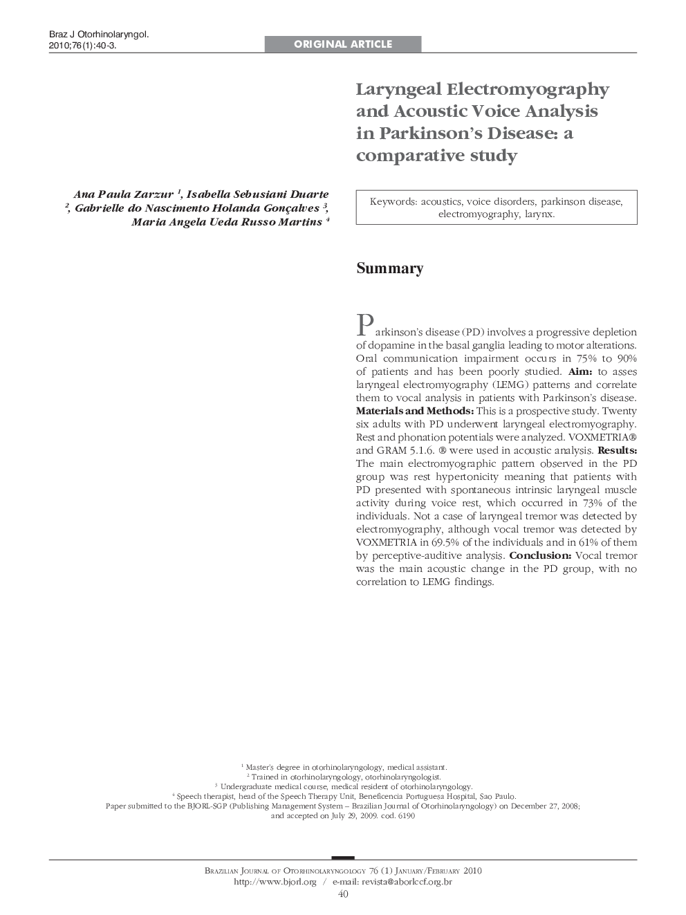 عکس صفحه اول مقاله: Laryngeal Electromyography and Acoustic Voice Analysis in Parkinson's Disease: a comparative study Laryngeal Electromyography and Acoustic Voice Analysis in Parkinson's Disease: a comparative study