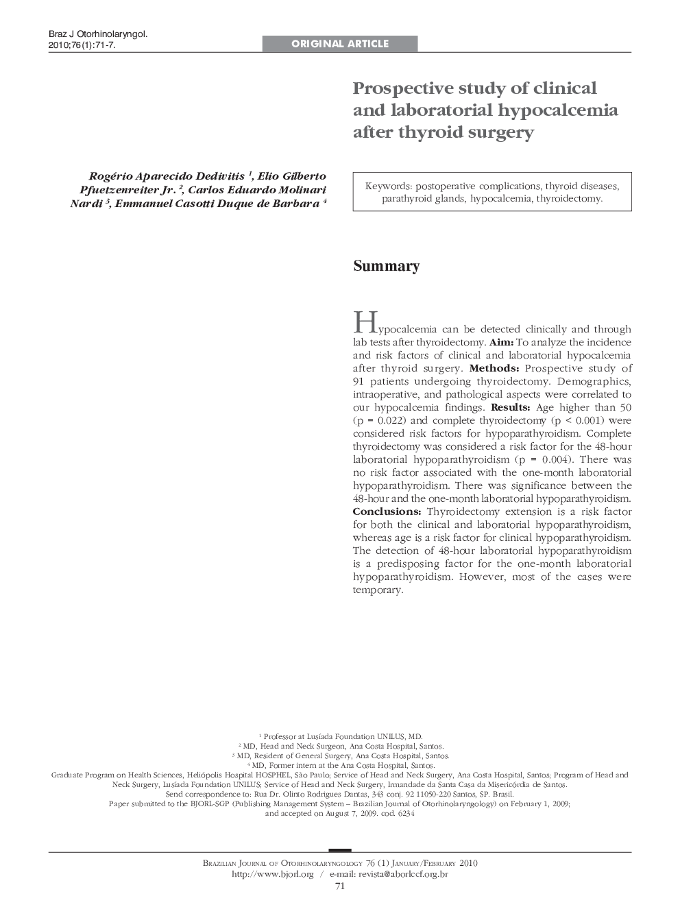 Prospective study of clinical and laboratorial hypocalcemia after thyroid surgery