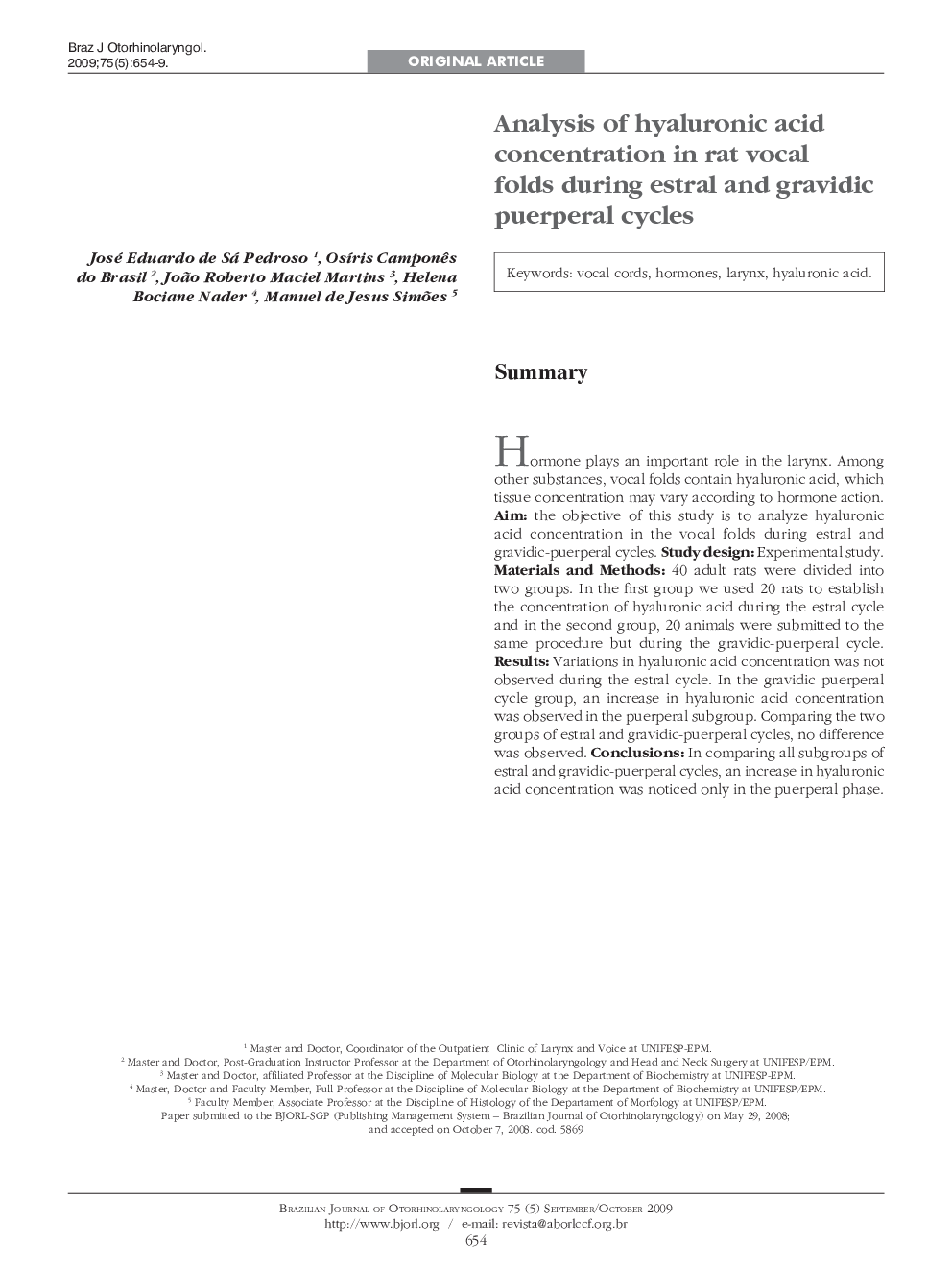 Analysis of hyaluronic acid concentration in rat vocal folds during estral and gravidic puerperal cycles