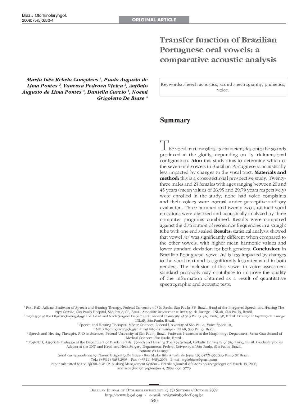 Transfer function of Brazilian Portuguese oral vowels: a comparative acoustic analysis 