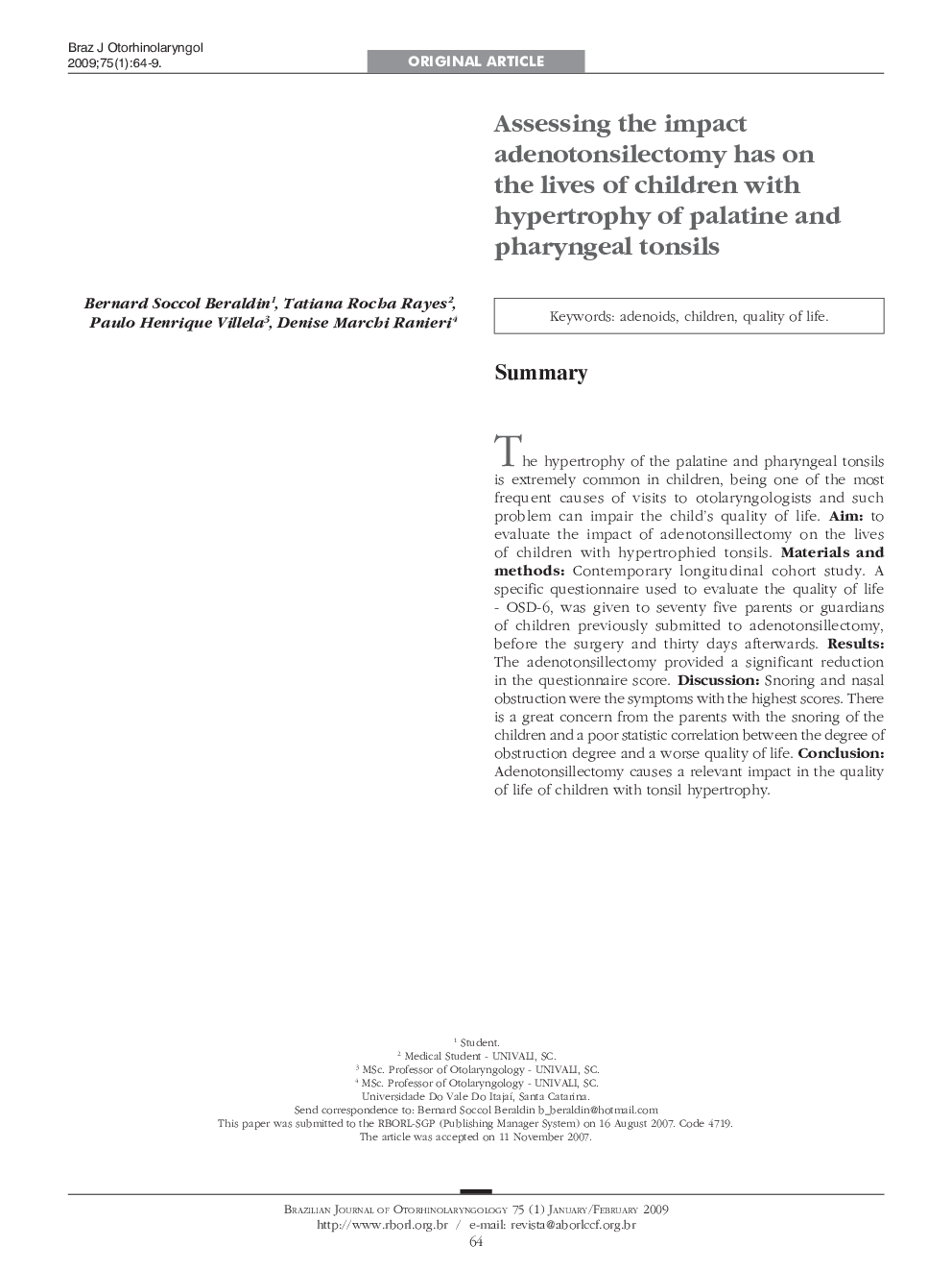 Assessing the impact adenotonsilectomy has on the lives of children with hypertrophy of palatine and pharyngeal tonsils 