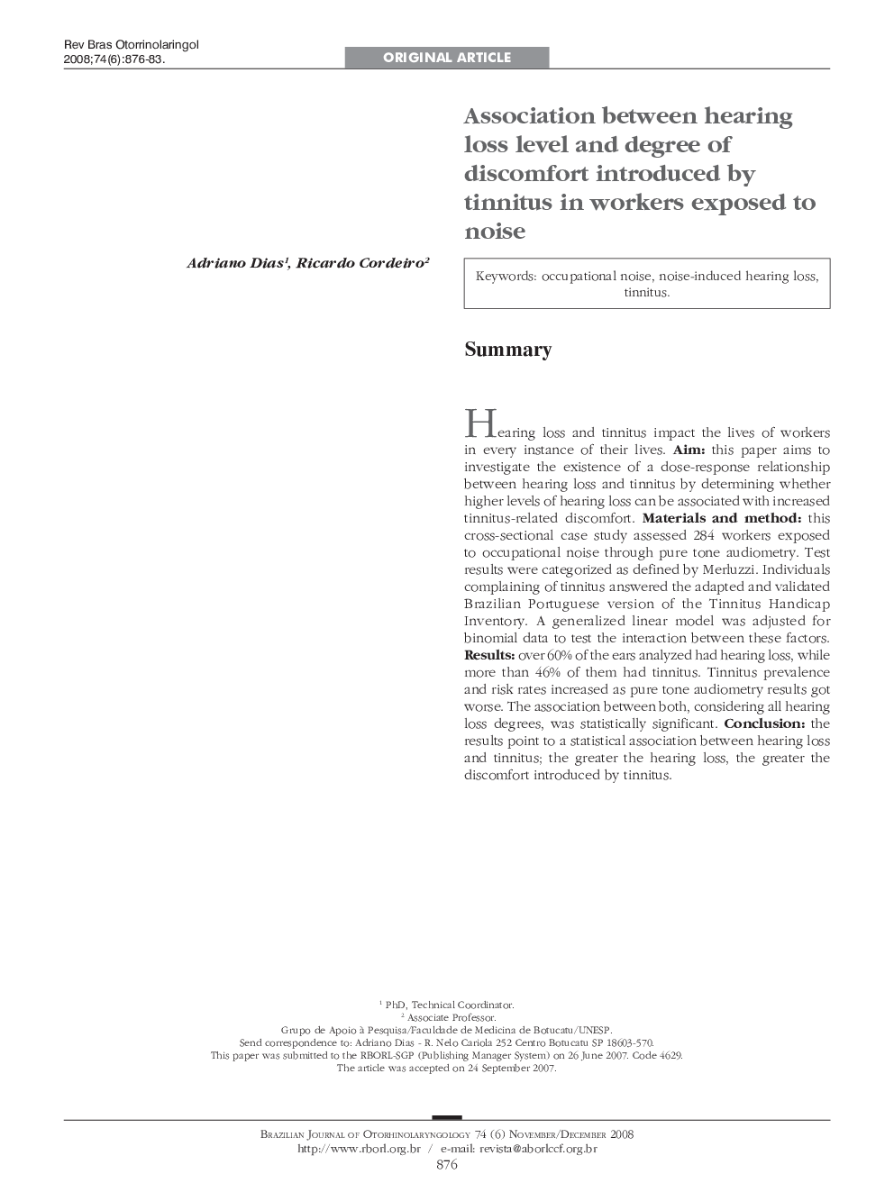 Association between hearing loss level and degree of discomfort introduced by tinnitus in workers exposed to noise 