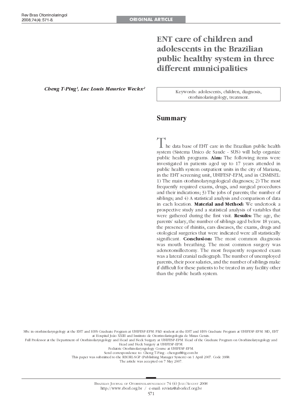 ENT care of children and adolescents in the Brazilian public healthy system in three different municipalities 