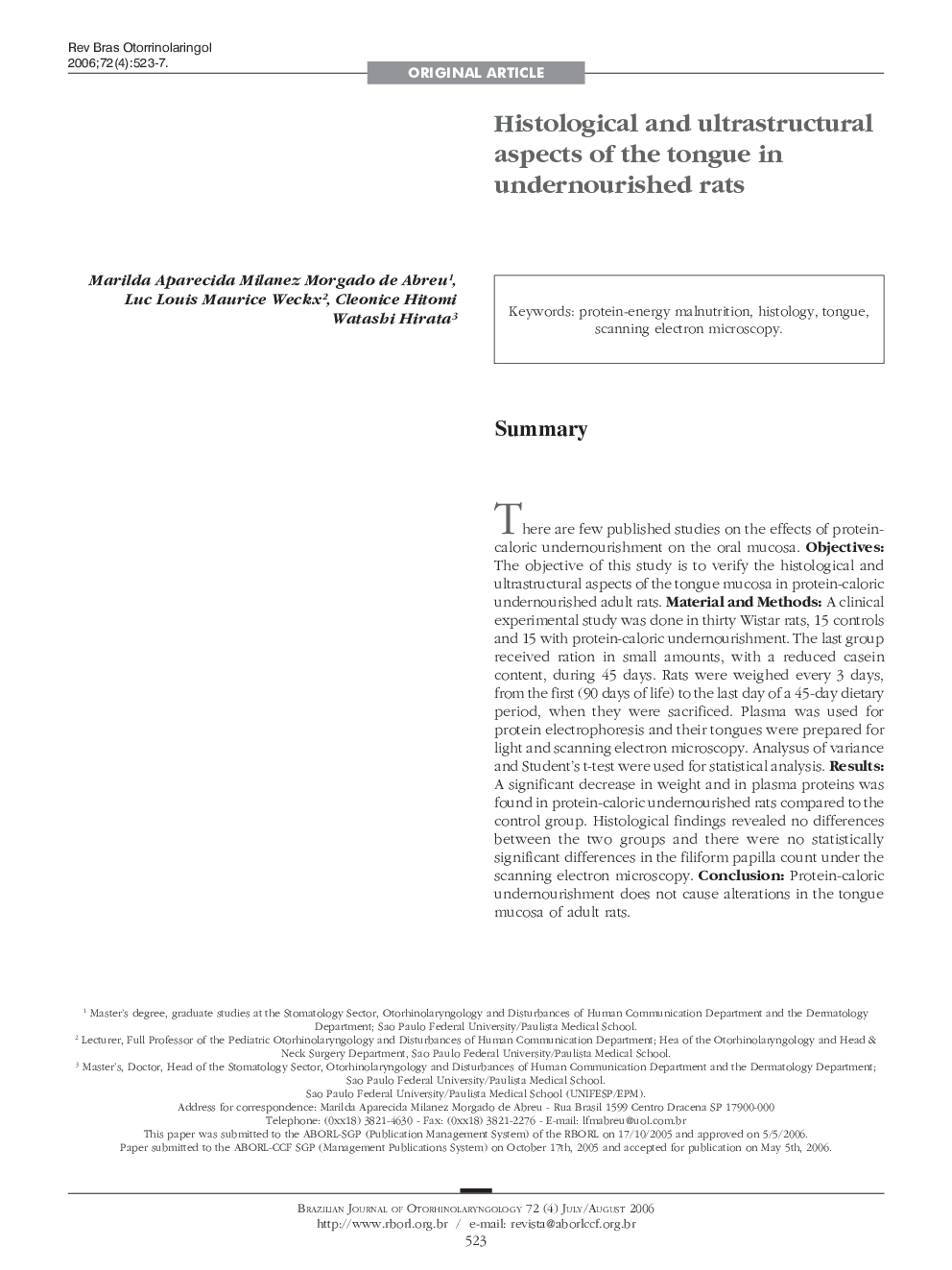 Histological and ultrastructural aspects of the tongue in undernourished rats 