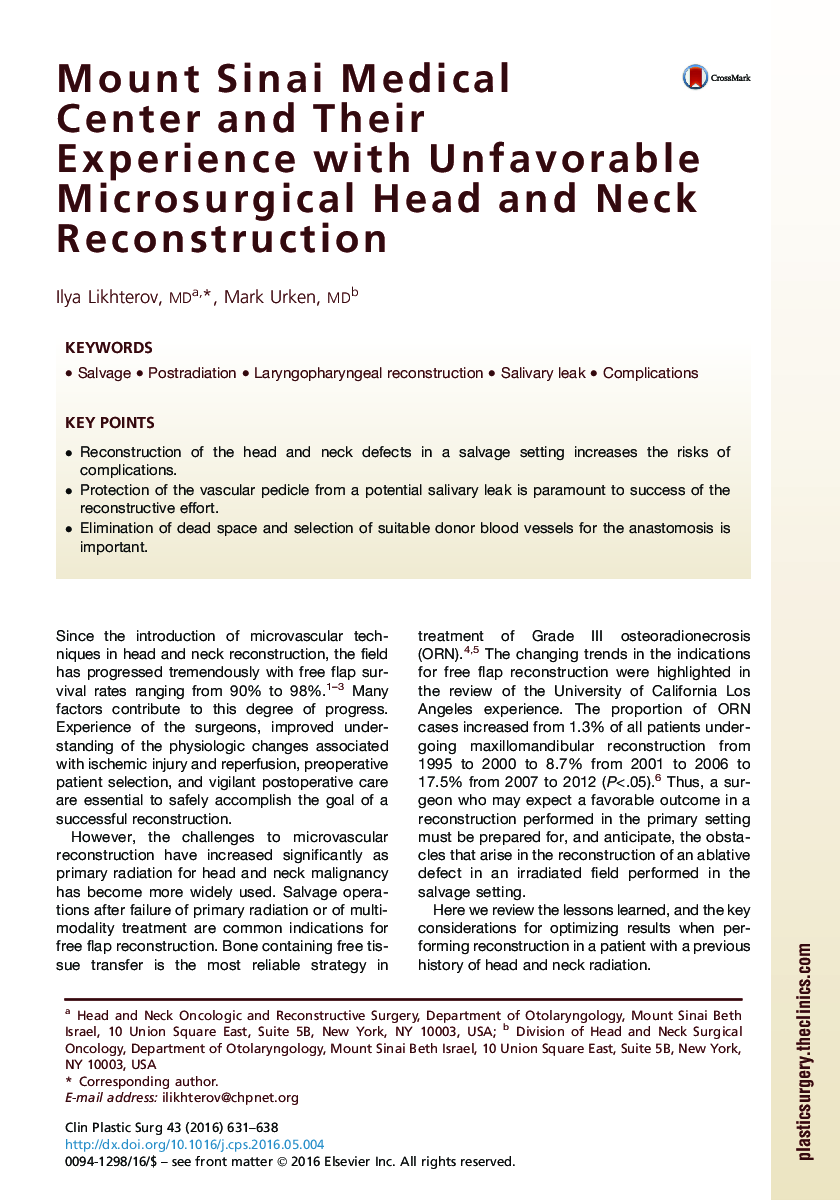 Mount Sinai Medical Center and Their Experience with Unfavorable Microsurgical Head and Neck Reconstruction