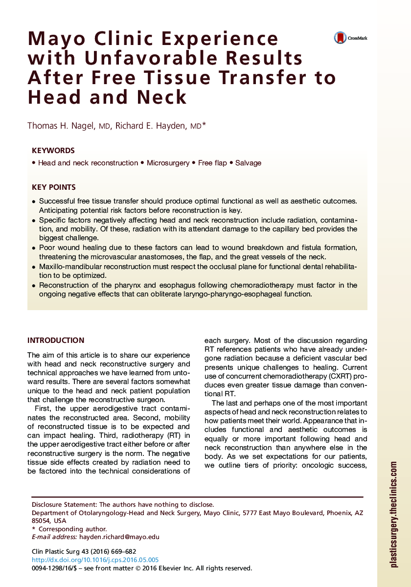 Mayo Clinic Experience with Unfavorable Results After Free Tissue Transfer to Head and Neck