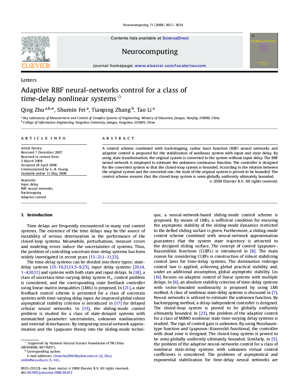 Adaptive RBF neural-networks control for a class of time-delay nonlinear systems 