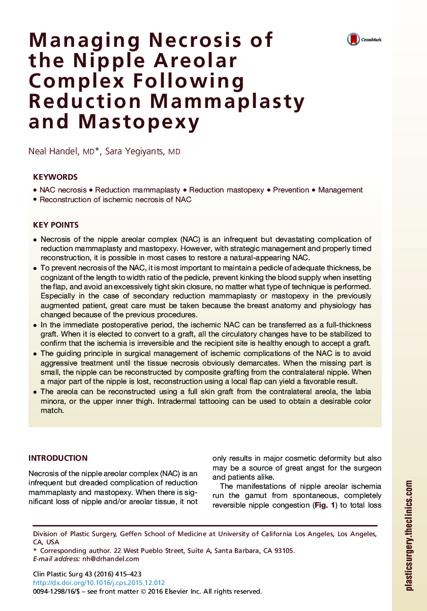 Managing Necrosis of the Nipple Areolar Complex Following Reduction Mammaplasty and Mastopexy