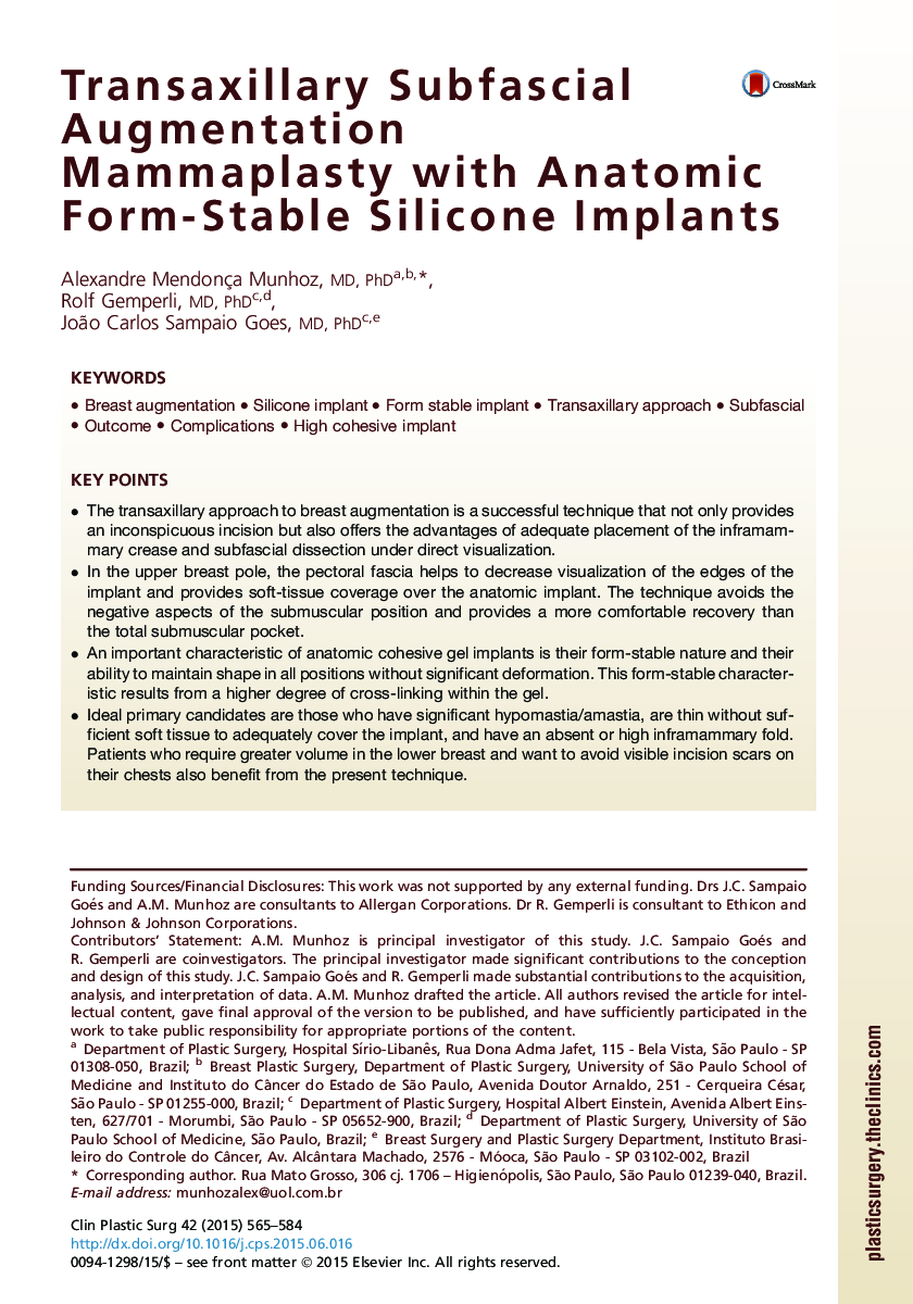 Transaxillary Subfascial Augmentation Mammaplasty with Anatomic Form-Stable Silicone Implants