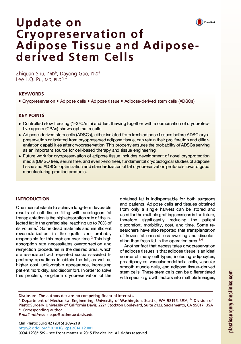 Update on Cryopreservation of Adipose Tissue and Adipose-derived Stem Cells