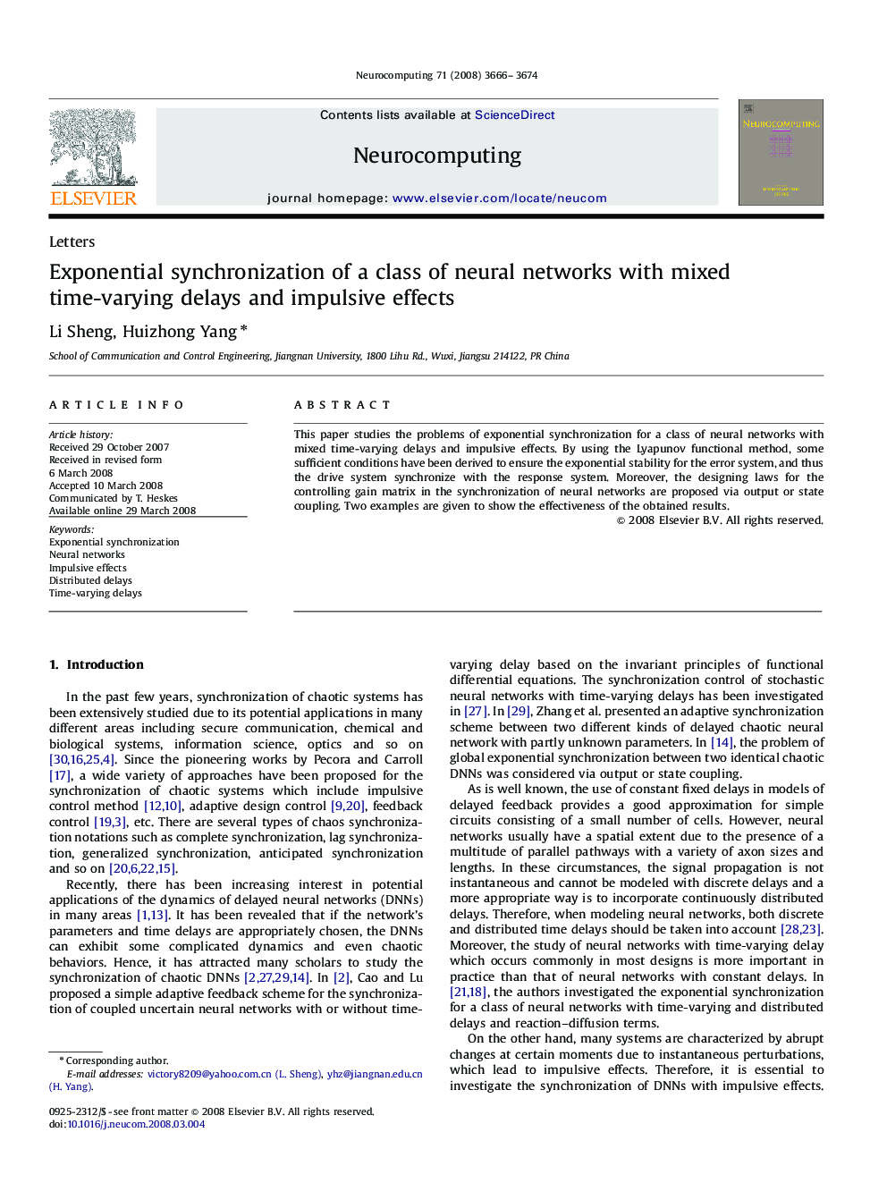 Exponential synchronization of a class of neural networks with mixed time-varying delays and impulsive effects