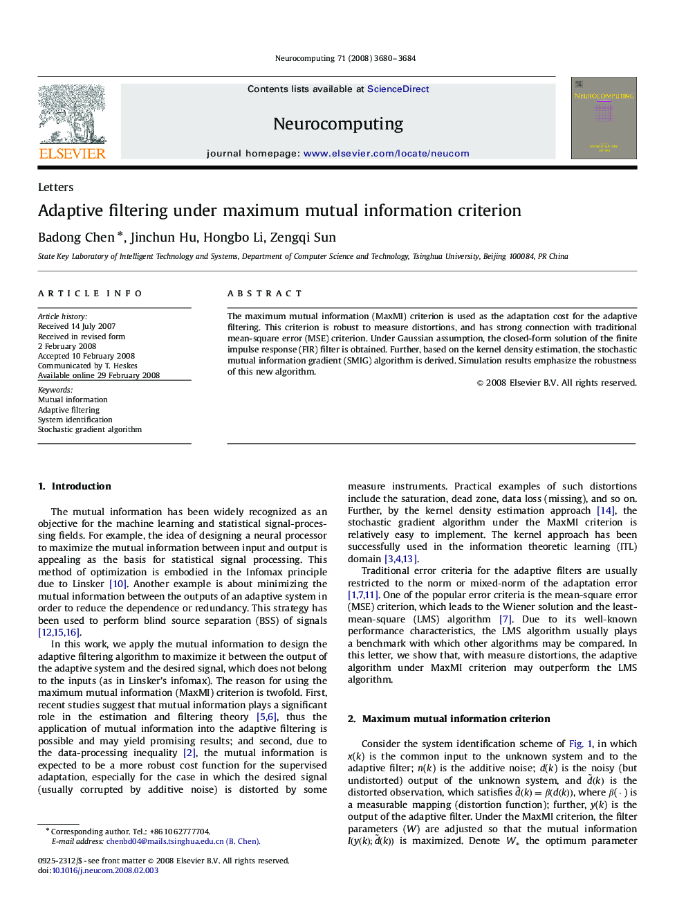 Adaptive filtering under maximum mutual information criterion