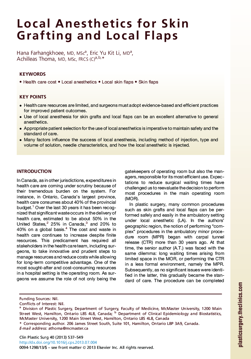 Local Anesthetics for Skin Grafting and Local Flaps