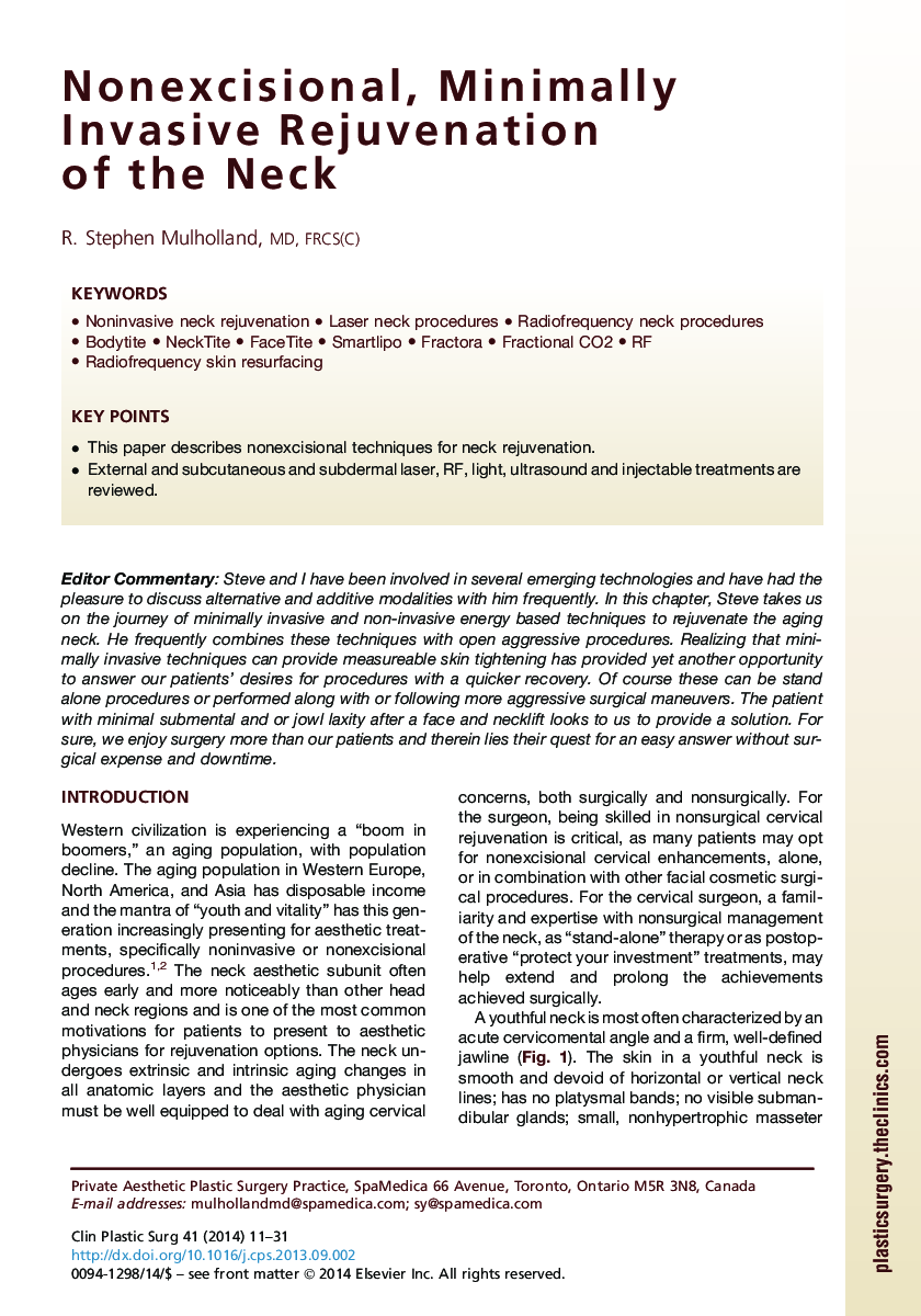 Nonexcisional, Minimally Invasive Rejuvenation of the Neck