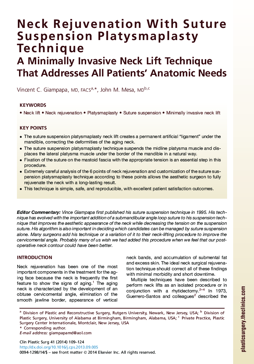 Neck Rejuvenation With Suture Suspension Platysmaplasty Technique