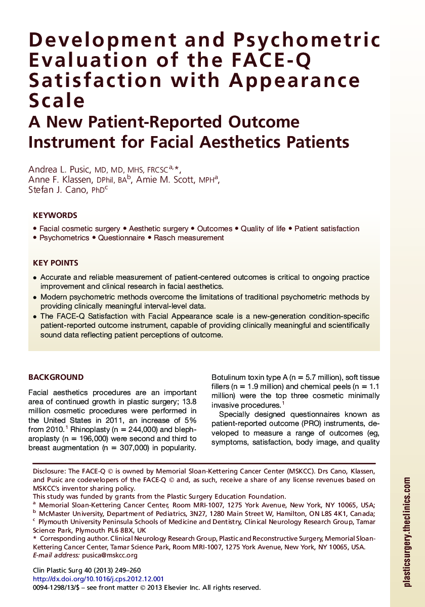 Development and Psychometric Evaluation of the FACE-Q Satisfaction with Appearance Scale