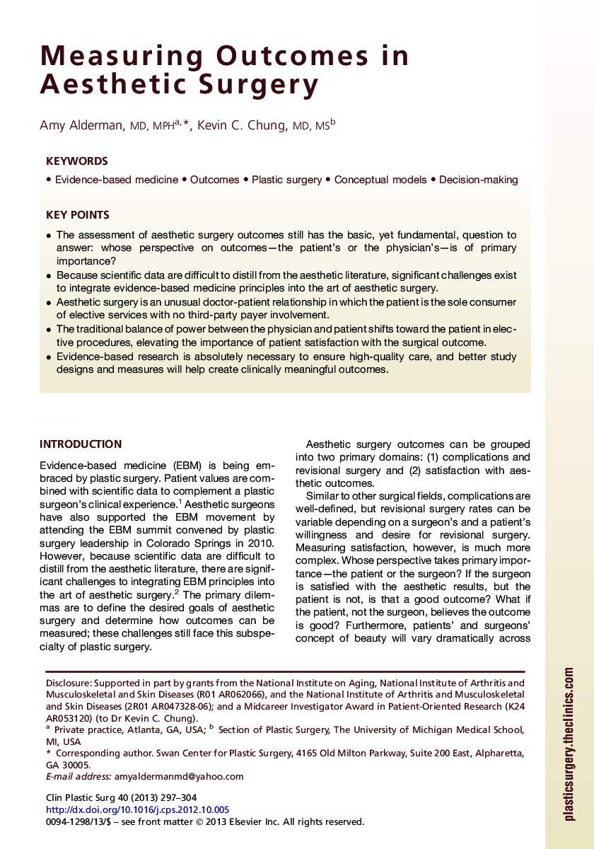 Measuring Outcomes in Aesthetic Surgery