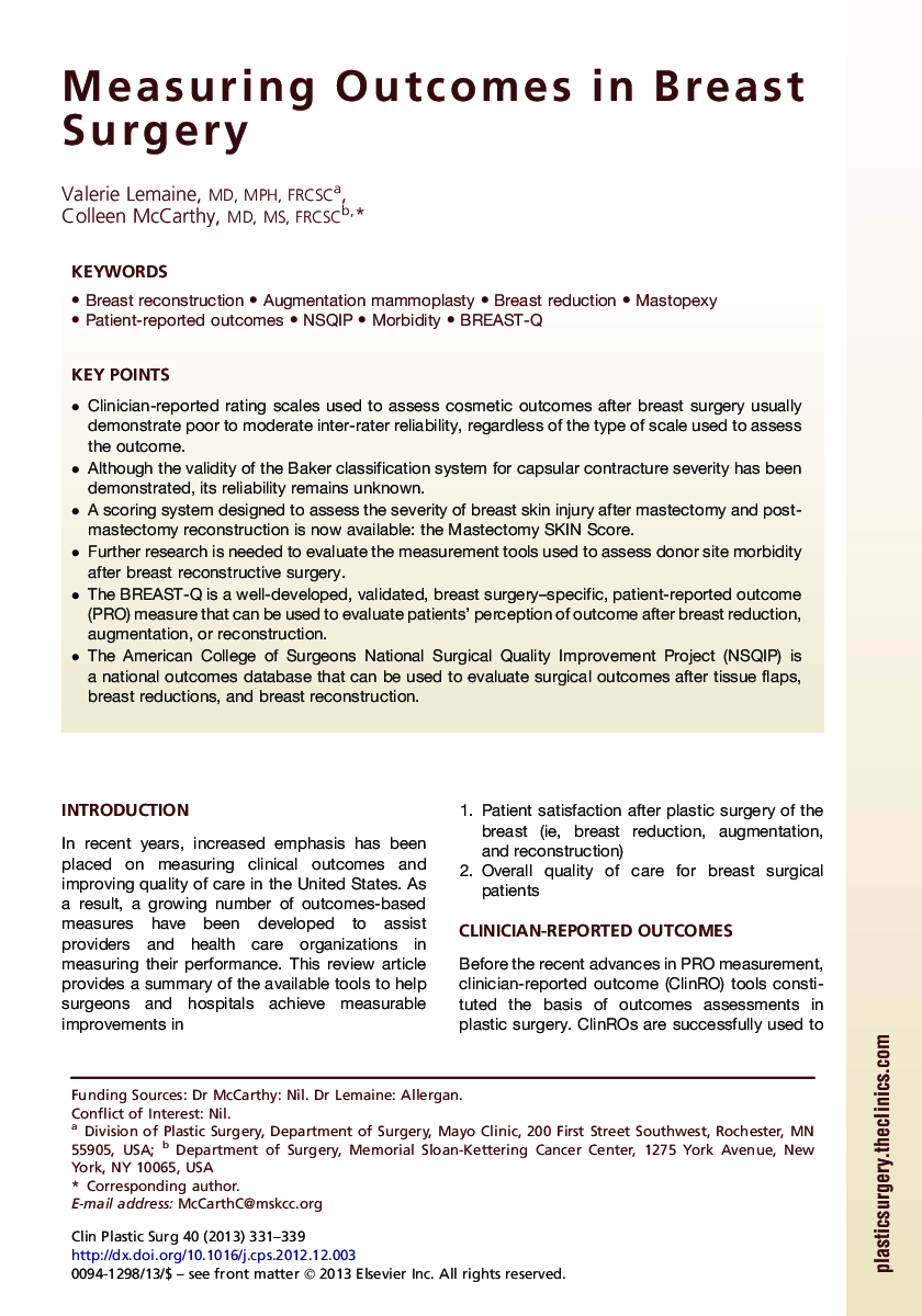 Measuring Outcomes in Breast Surgery