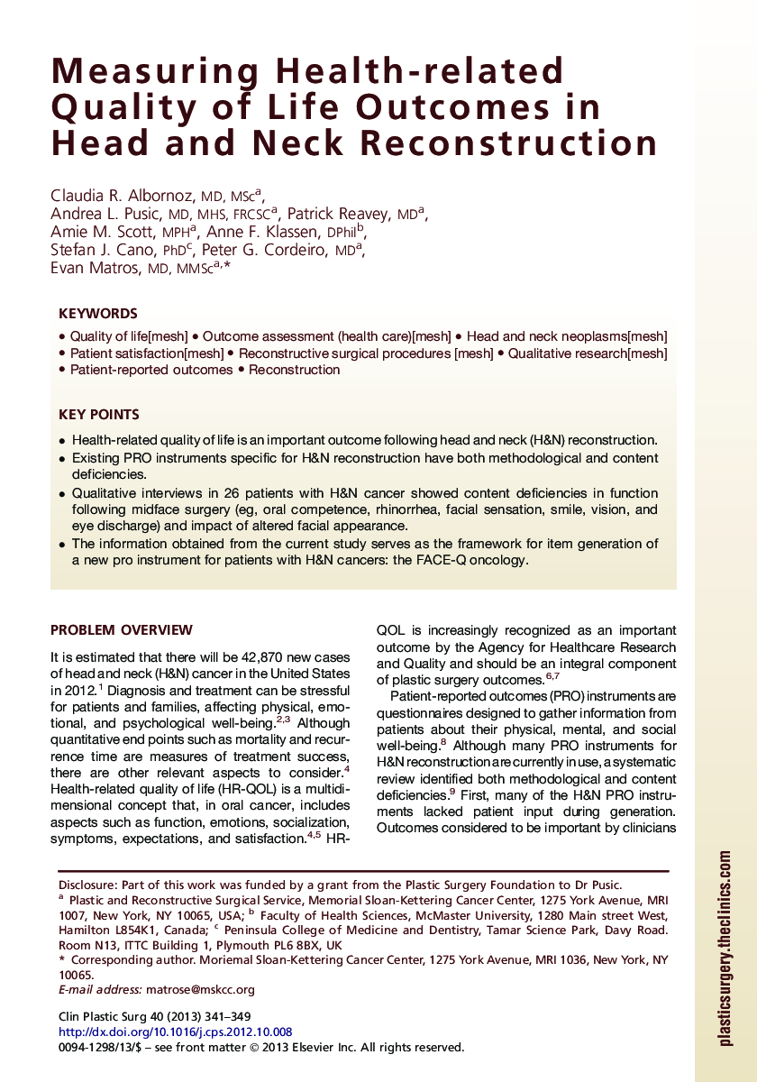 Measuring Health-related Quality of Life Outcomes in Head and Neck Reconstruction