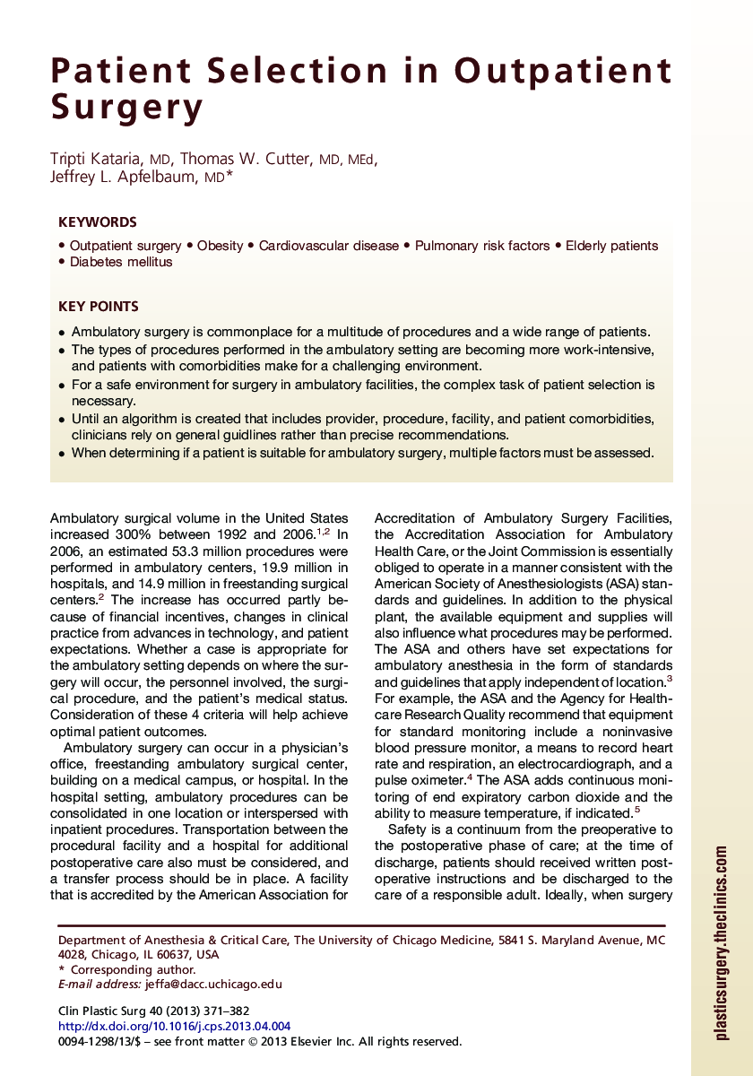 Patient Selection in Outpatient Surgery