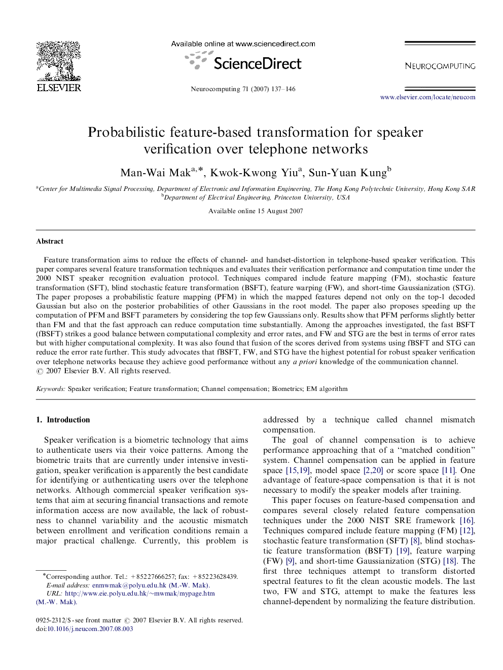 Probabilistic feature-based transformation for speaker verification over telephone networks