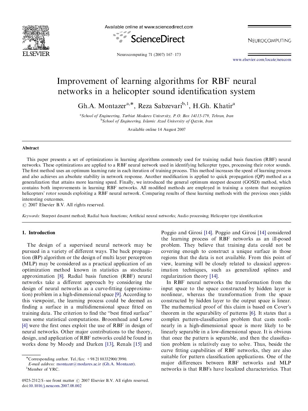 Improvement of learning algorithms for RBF neural networks in a helicopter sound identification system