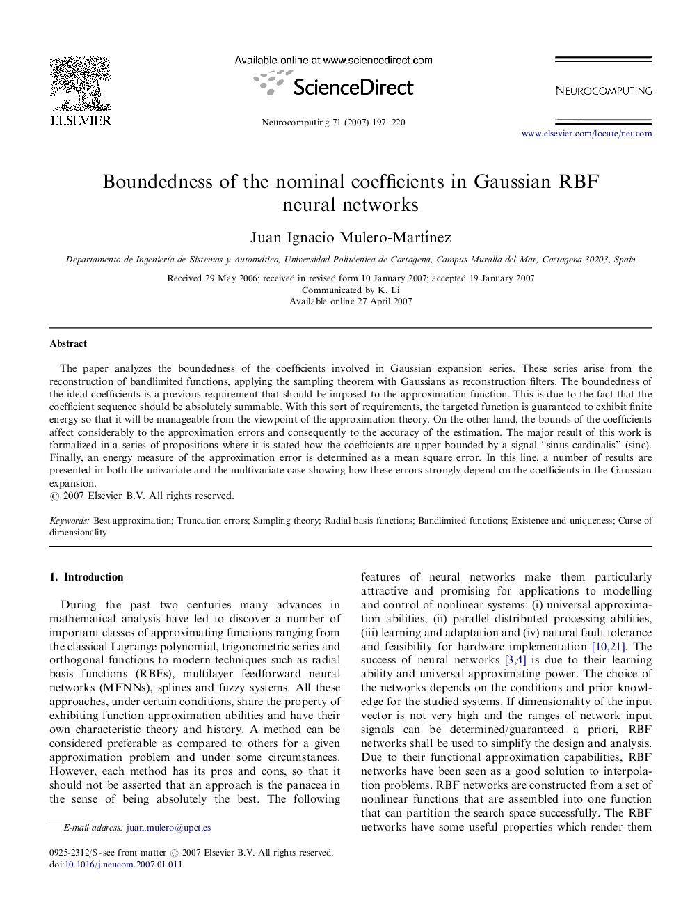 Boundedness of the nominal coefficients in Gaussian RBF neural networks